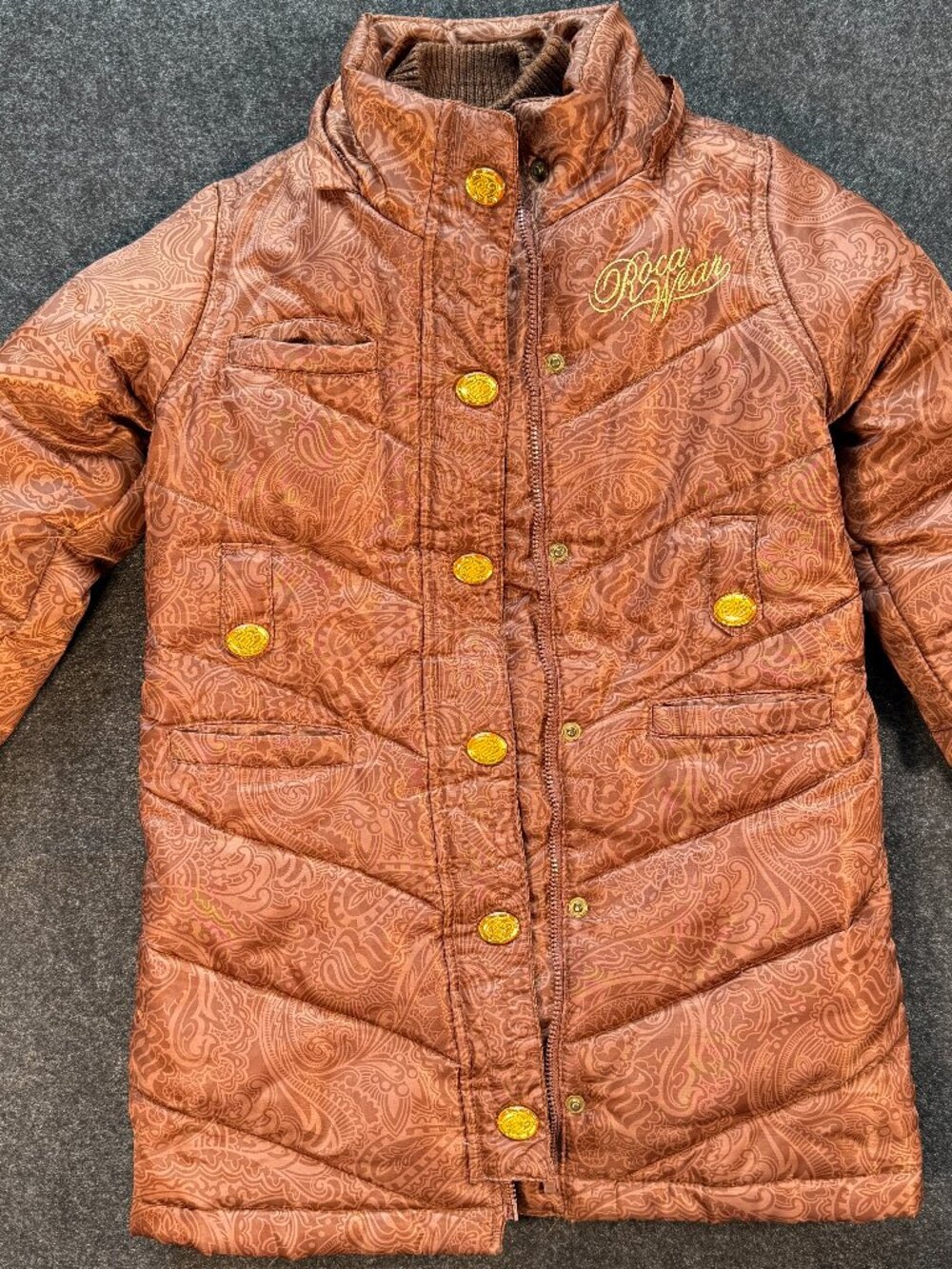 Y2K Rocawear Girls 4T Down Puffer Coat Paisley Hip Hop Streetwear Brown Long
